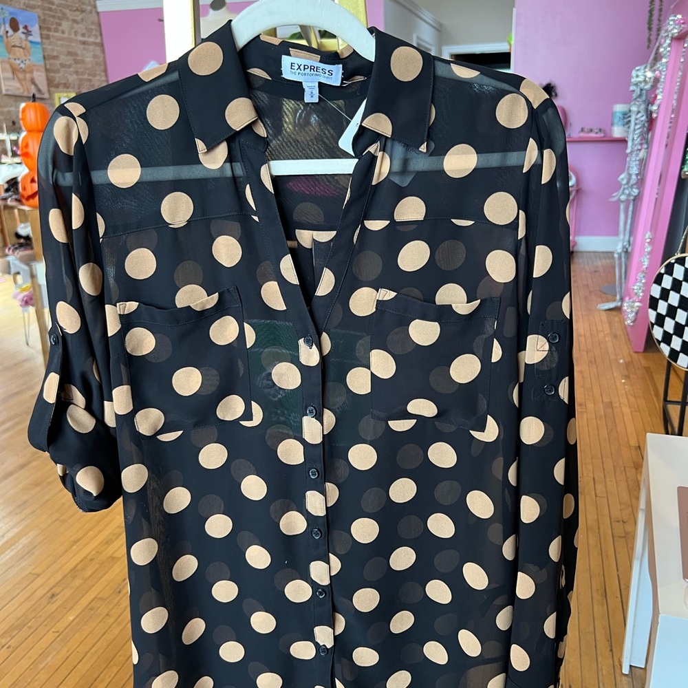 Express Sheer Black Blouse with Tan Dots